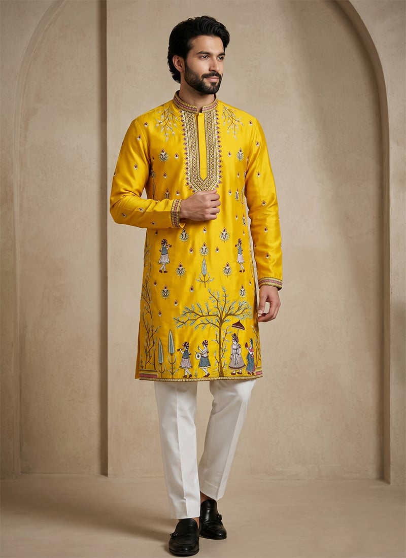 Yellow Satin Embroidered Kurta Pyjama For Men Festive Wear