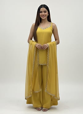 Yellow Satin Georgette Palazzo Suit