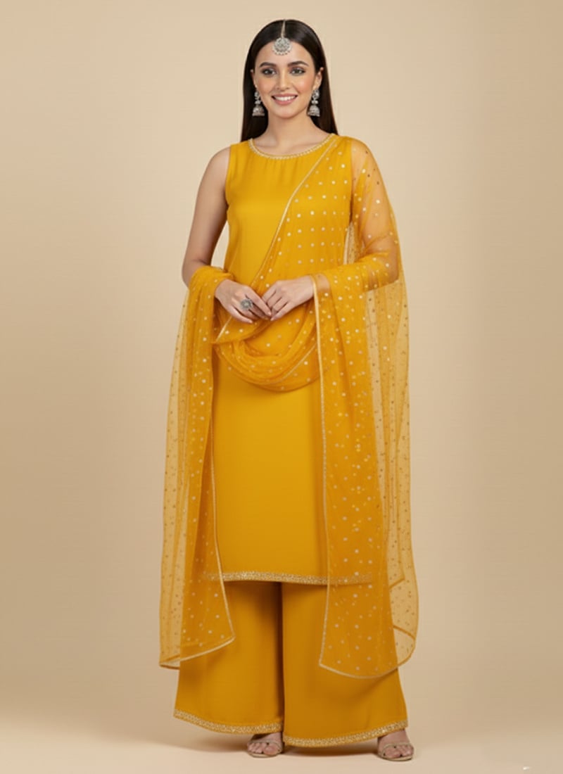 Yellow Satin Georgette Zari Sequins Palazzo Suit Festive Wear