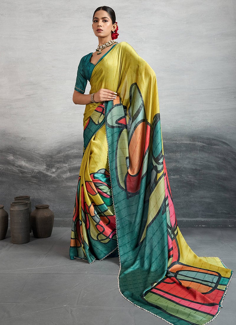 Yellow Satin Silk Digital Print And Stones Saree After Six Wear