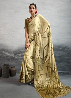 Cream Satin Silk Digital Print And Stones Saree
