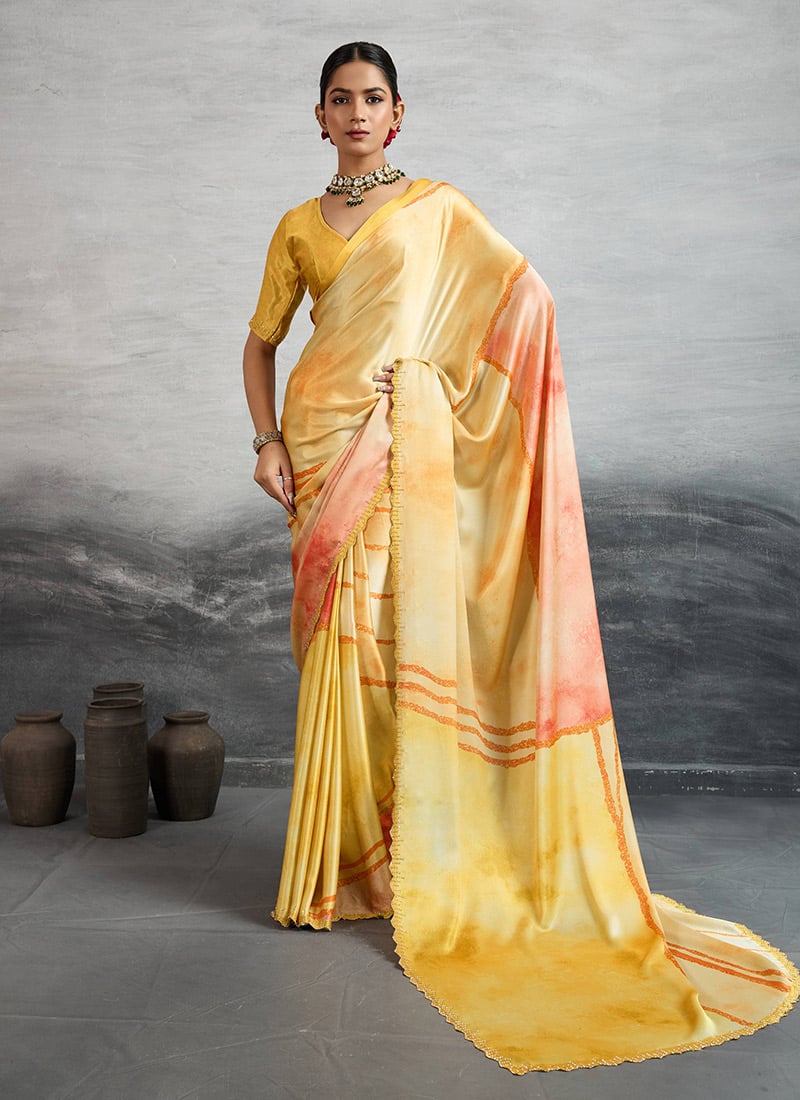 Yellow Satin Silk Digital Print And Stones Saree After Six Wear
