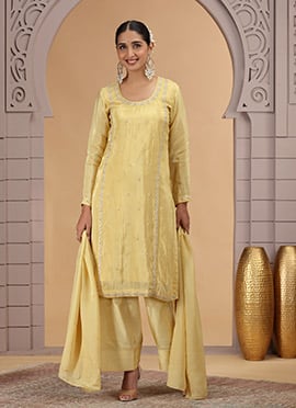 Yellow Satin Silk Embroidered Sequins Beads Thread Cutdana Palazzo Suit Festive Wear
