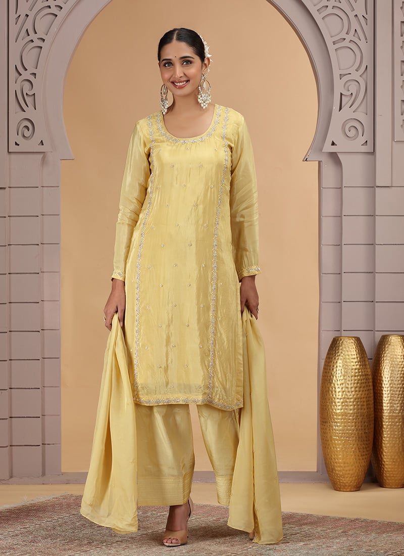 Yellow Satin Silk Embroidered Sequins Beads Thread Cutdana Palazzo Suit Festive Wear