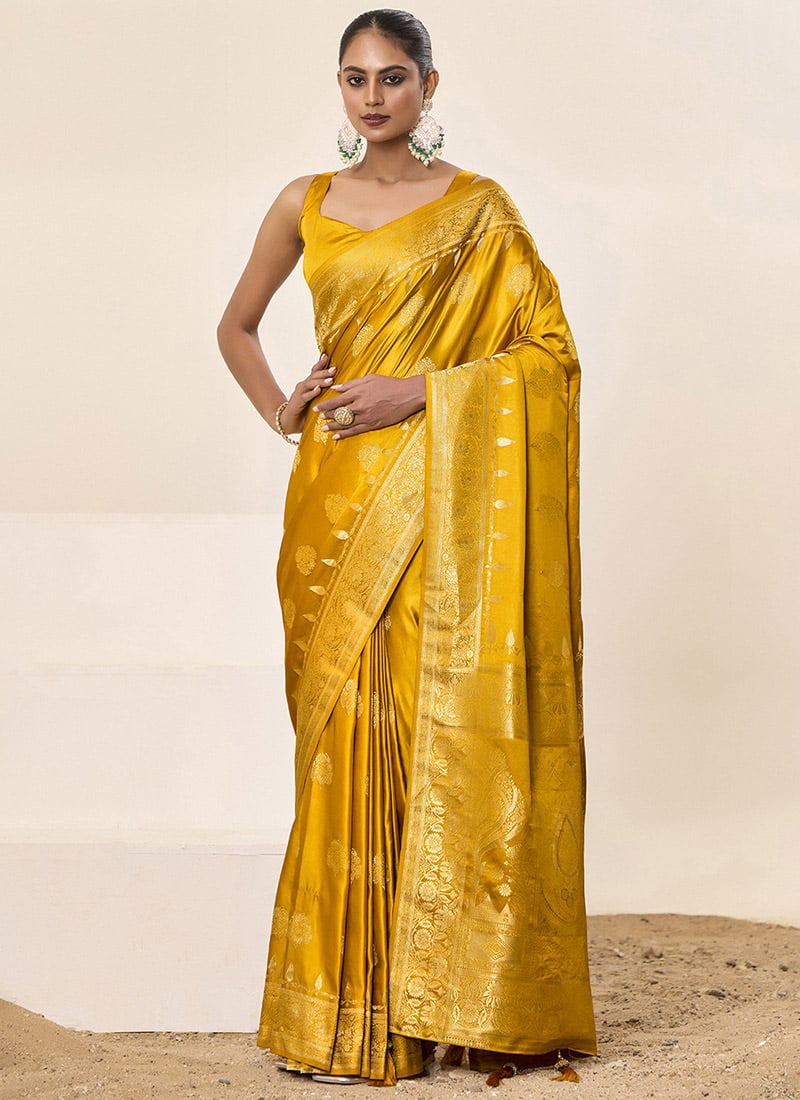 Yellow Satin Silk Jacquard Woven Saree