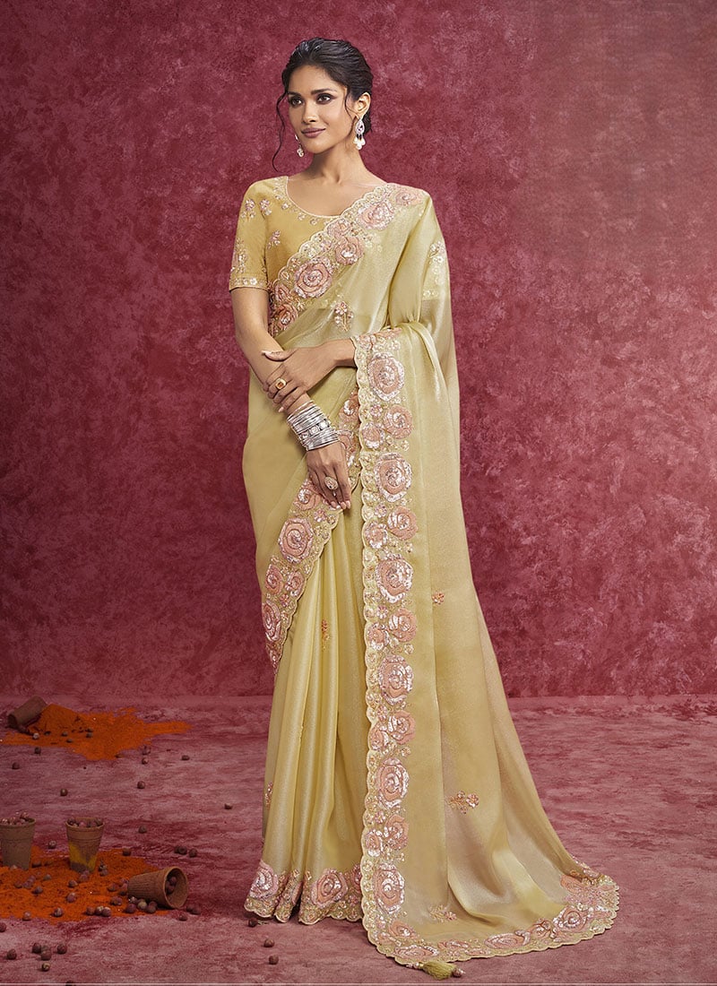 Yellow Satin Silk Zari Embroidered Sequins Resham Saree Festive Wear