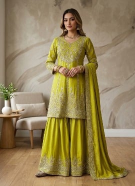 Yellow Sequins Embroidered Chinon Palazzo Suit