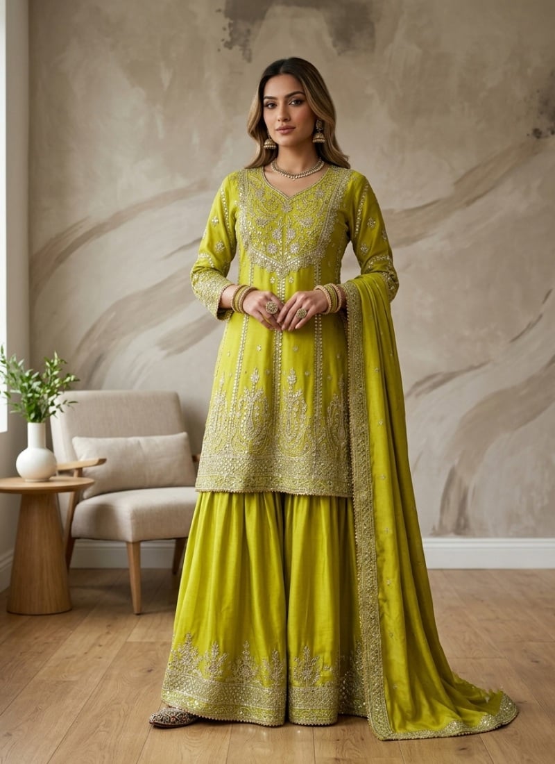 Yellow Sequins Embroidered Chinon Palazzo Suit After Six Wear