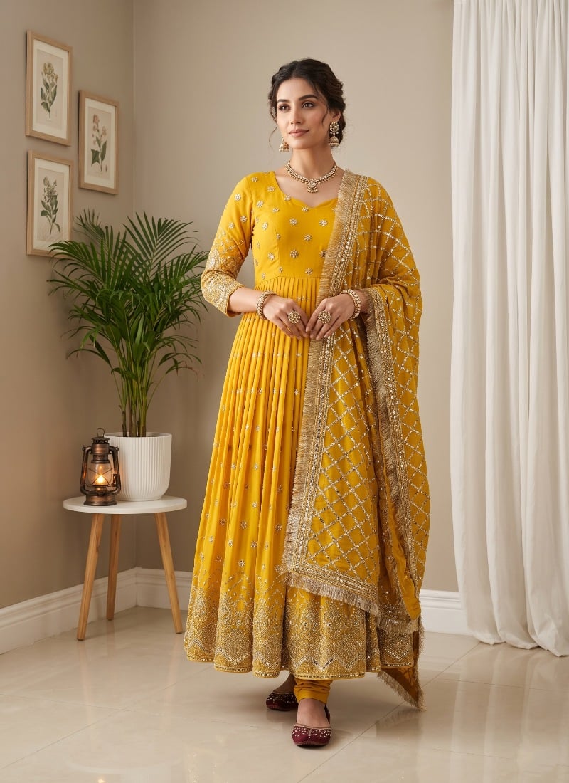 Yellow Sequins Embroidered Georgette Anarkali Suit After Six Wear