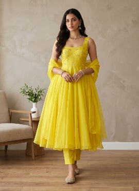 Yellow Sequins Embroidered Georgette Straight Pant Suit