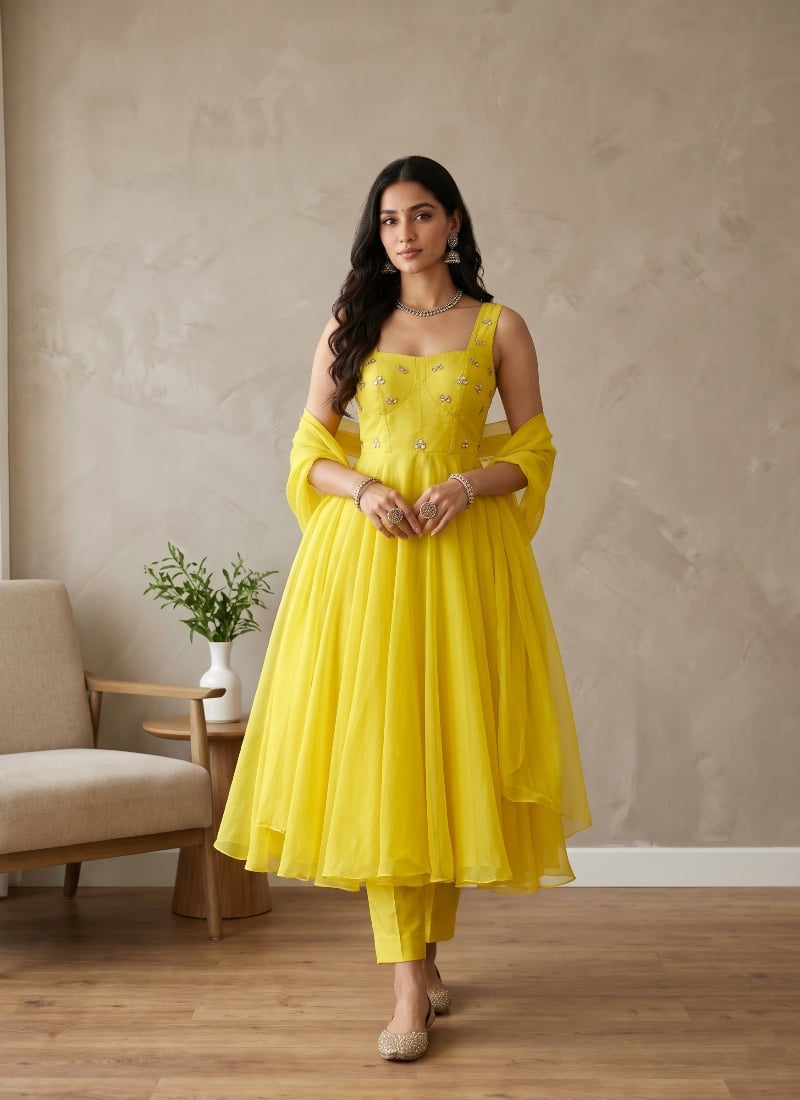 Yellow Sequins Embroidered Georgette Straight Pant Suit After Six Wear
