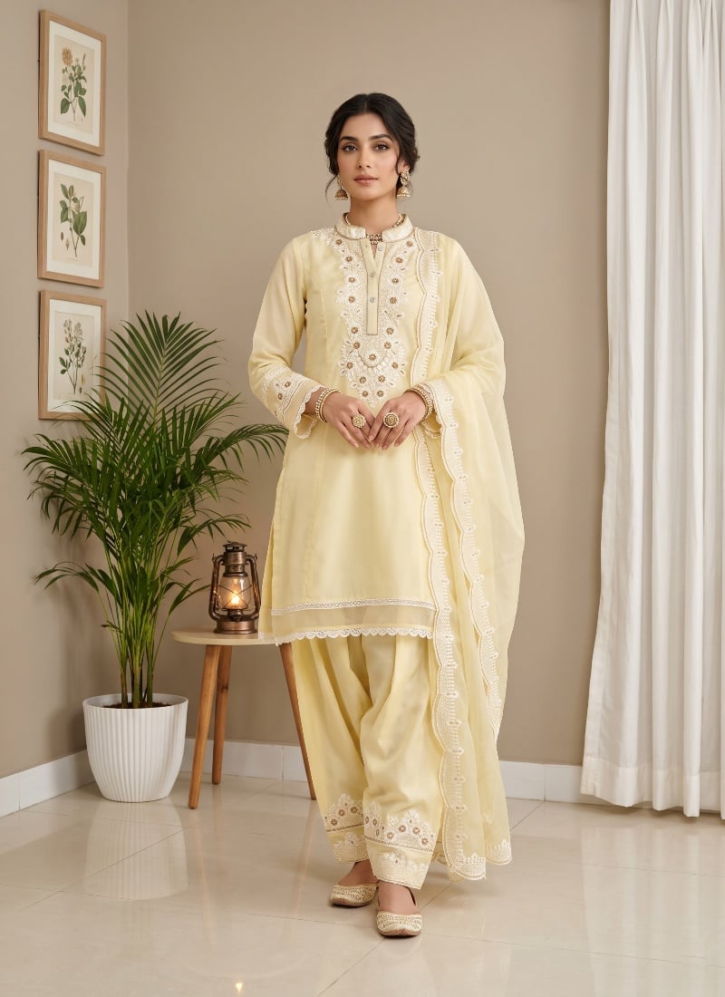 Yellow Sequins Embroidered Silk Salwar Suit After Six Wear