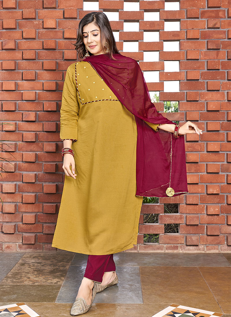 Yellow Sequins Kurta Straight Pant Suit With Matching Zari Border Dupatta After Six Wear