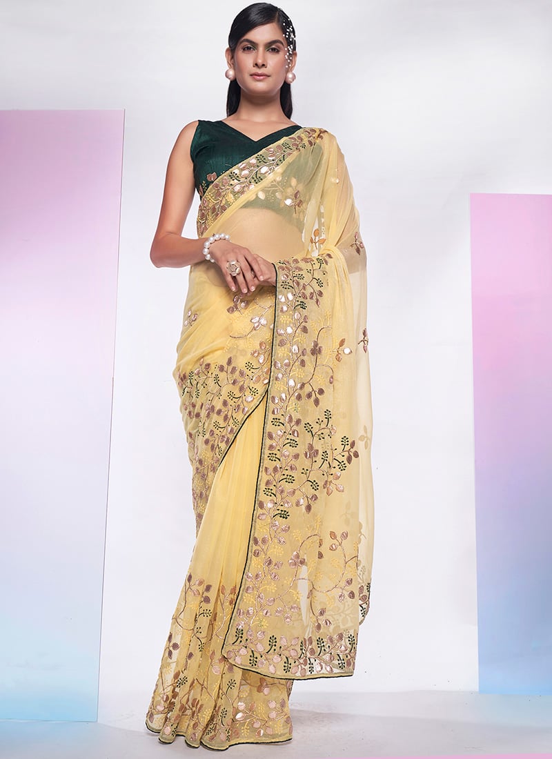 Yellow Shimmer Georgette Embroidered And Gota Work Saree Festive Wear