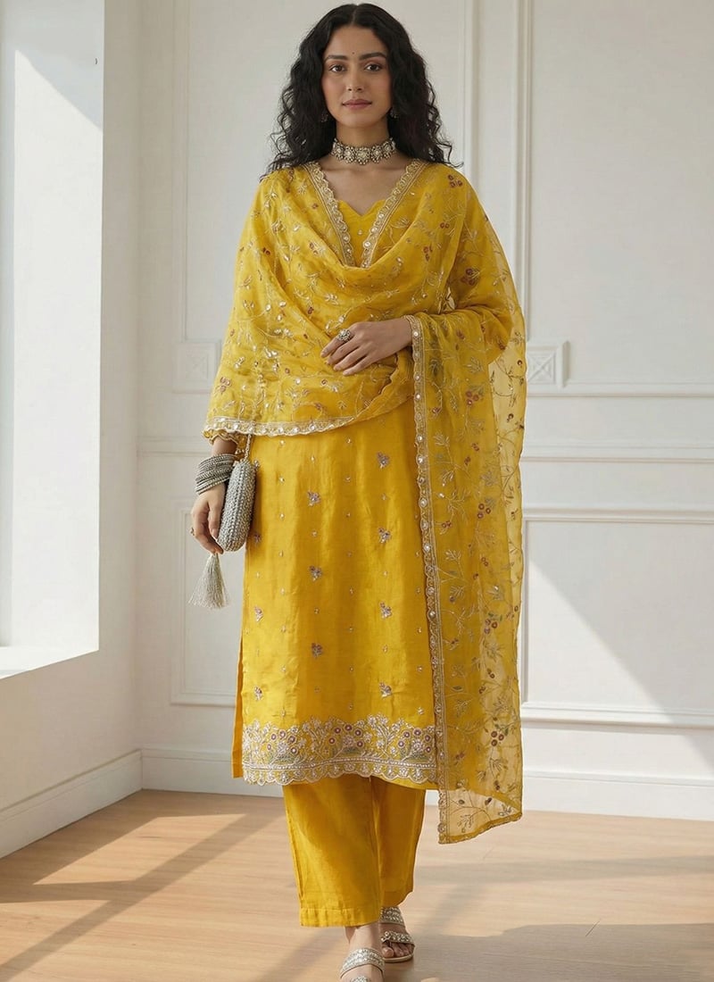 Yellow Shimmer Organza Embroidered Sequins Straight Pant Suit Festive Wear