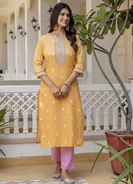 Yellow Shimmer Silk Embroidered Long Kurti