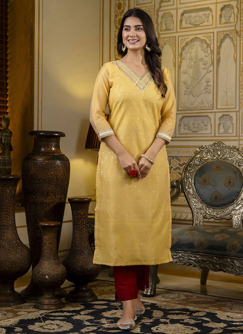 Yellow Shimmer Silk Embroidered Long Kurti After Six Wear