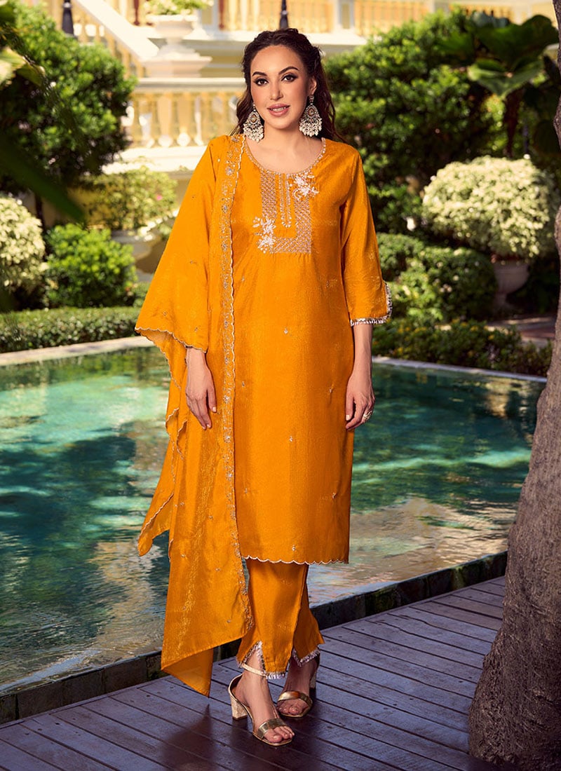 Yellow Shimmer Silk Embroidered Sequins Beads Straight Pant Suit