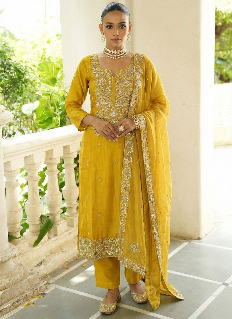 Yellow Shimmer Silk Embroidered Sequins Straight Pant Suit Festive Wear