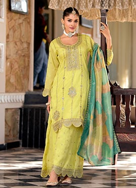 Yellow Shimmer Silk Palazzo Suit With Sequins Embroidery And Digital Print Dupatta