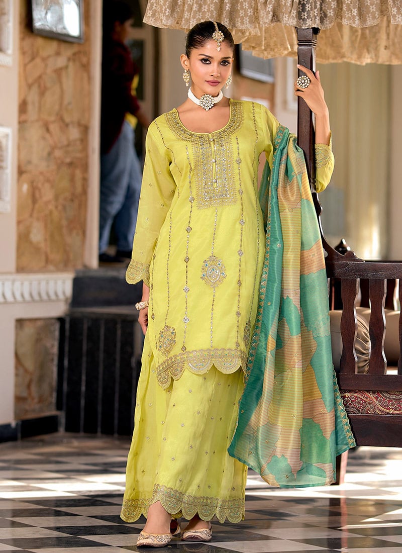 Yellow Shimmer Silk Palazzo Suit With Sequins Embroidery And Digital Print Dupatta Festive Wear