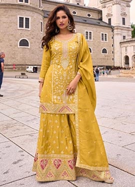 Yellow Shimmer Silk Sequin Palazzo Suit