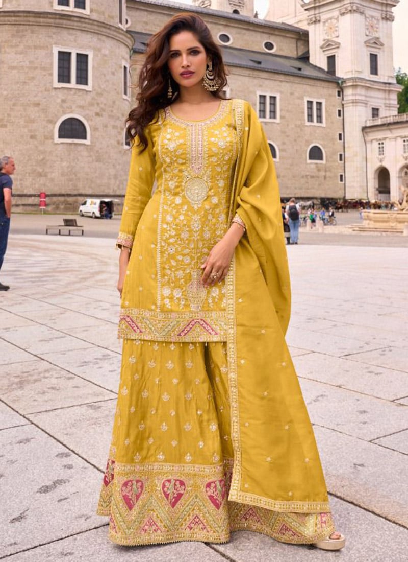 Yellow Shimmer Silk Sequin Palazzo Suit Festive Wear