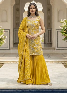 Yellow Shimmer Silk Sequins Thread Sharara Suit