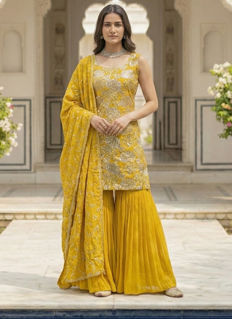 Yellow Shimmer Silk Sequins Thread Sharara Suit Festive Wear