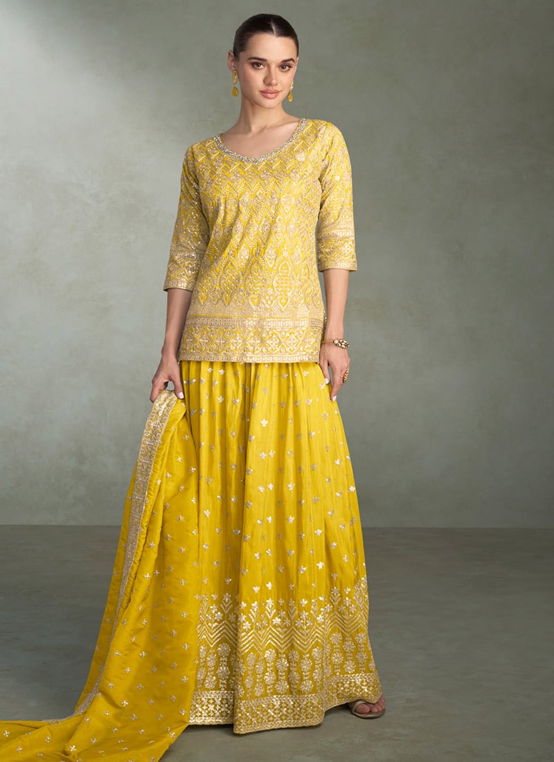 Yellow Shimmer Silk Zari Embroidered And Sequined Palazzo Suit Festive Wear