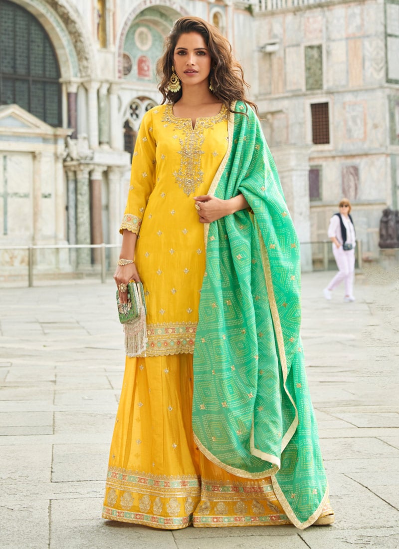 Yellow Shimmer Silk Zari Embroidered Sequins Pakistani Palazzo Suit Festive Wear