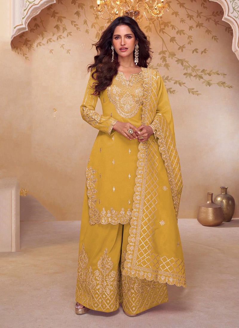 Yellow Shimmer Silk Zari Embroidered Sequins Palazzo Suit Festive Wear