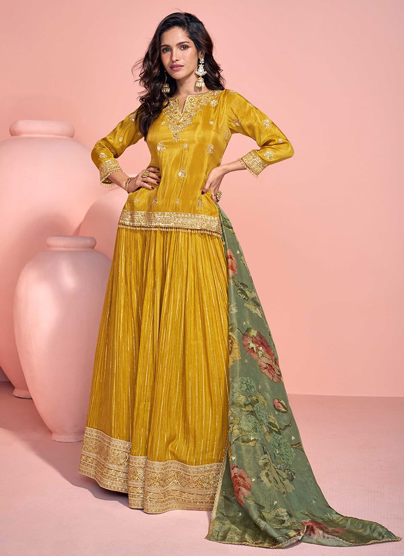 Yellow Shimmer Silk Zari Sequins Long Lehenga Choli With Digital Print Dupatta Festive Wear