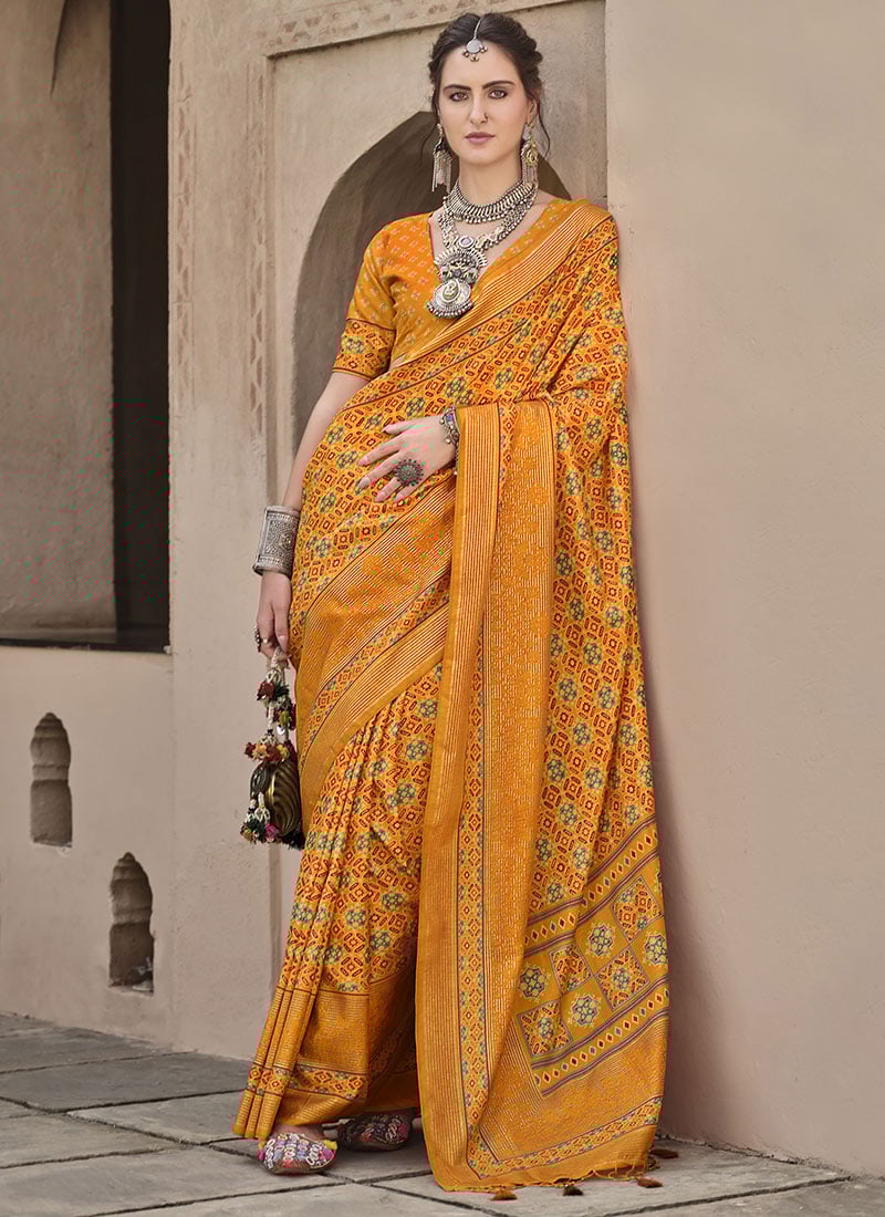 Yellow Silk Ajrakh Printed Saree