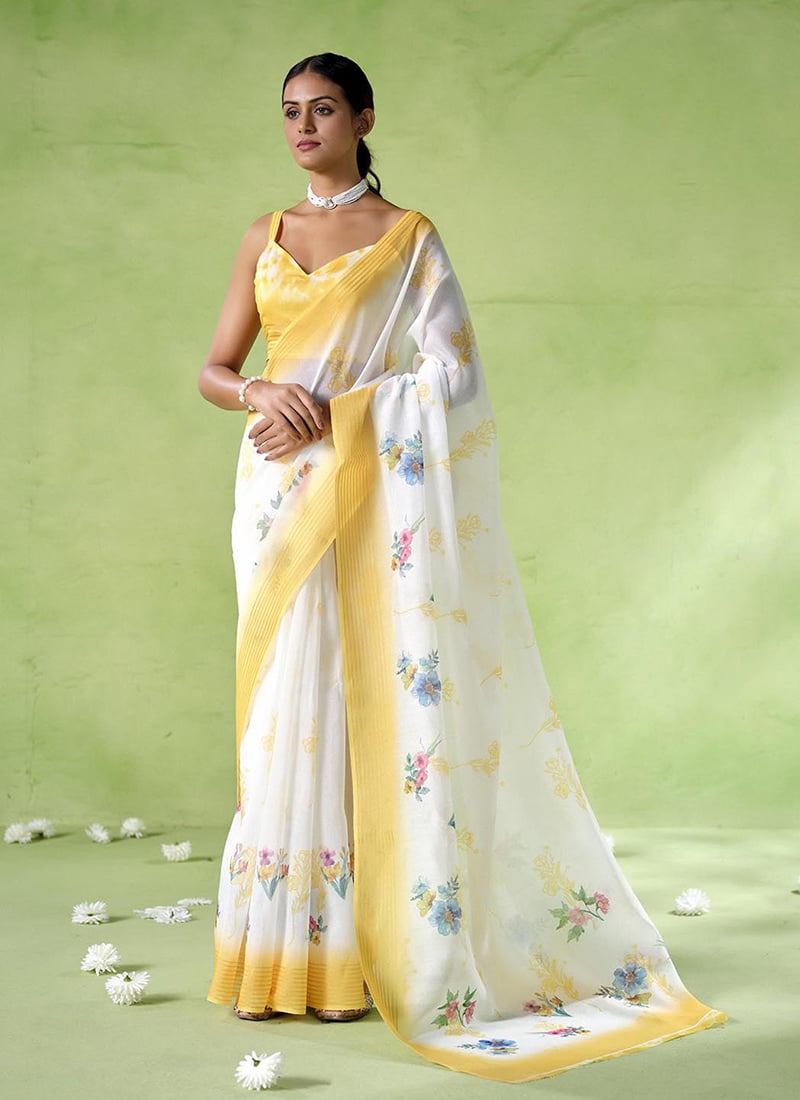 Yellow Silk Blend Digital Print Saree