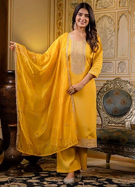 Yellow Silk Blend Embroidered Sequins Palazzo Suit