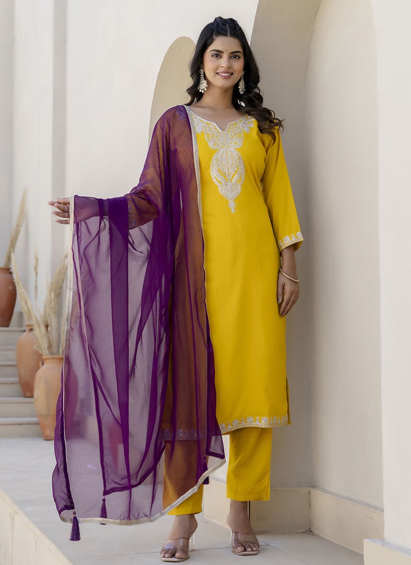 Yellow Silk Blend Embroidered Sequins Straight Pant Suit