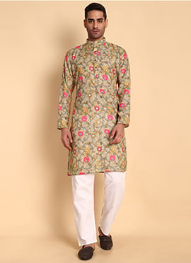 Yellow Silk Cotton Printed Kurta Pyjama