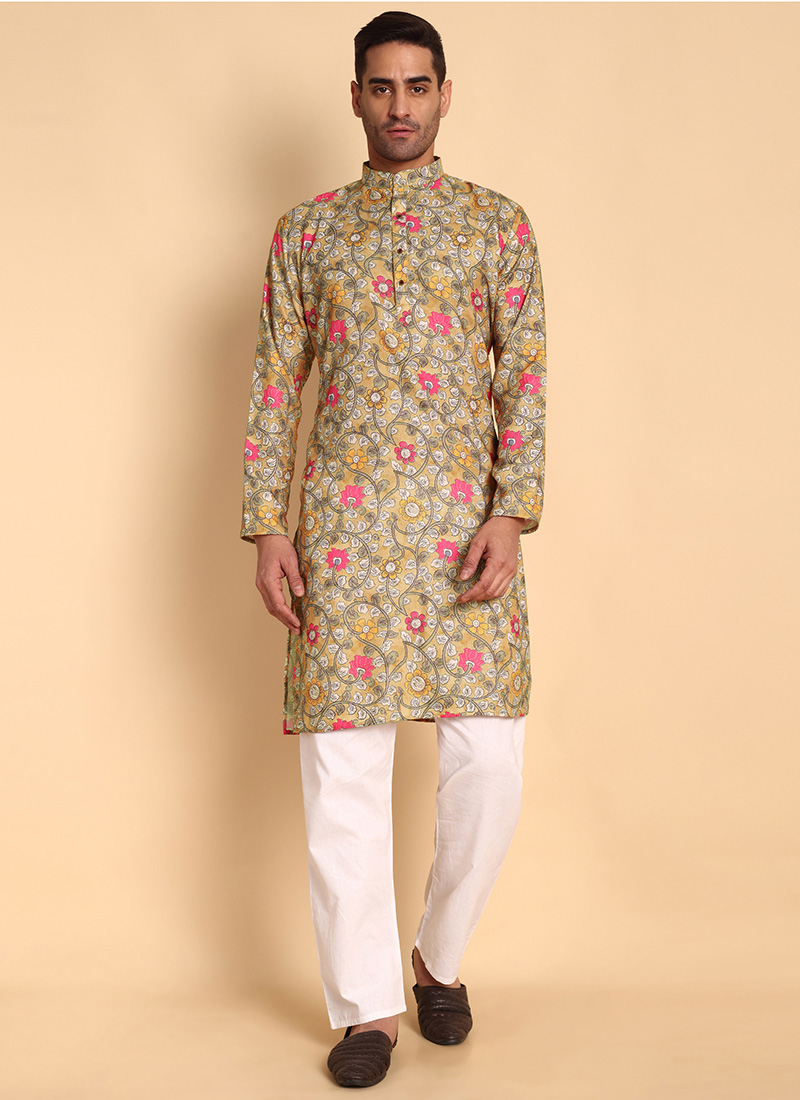 Yellow Silk Cotton Printed Kurta Pyjama Festive Wear