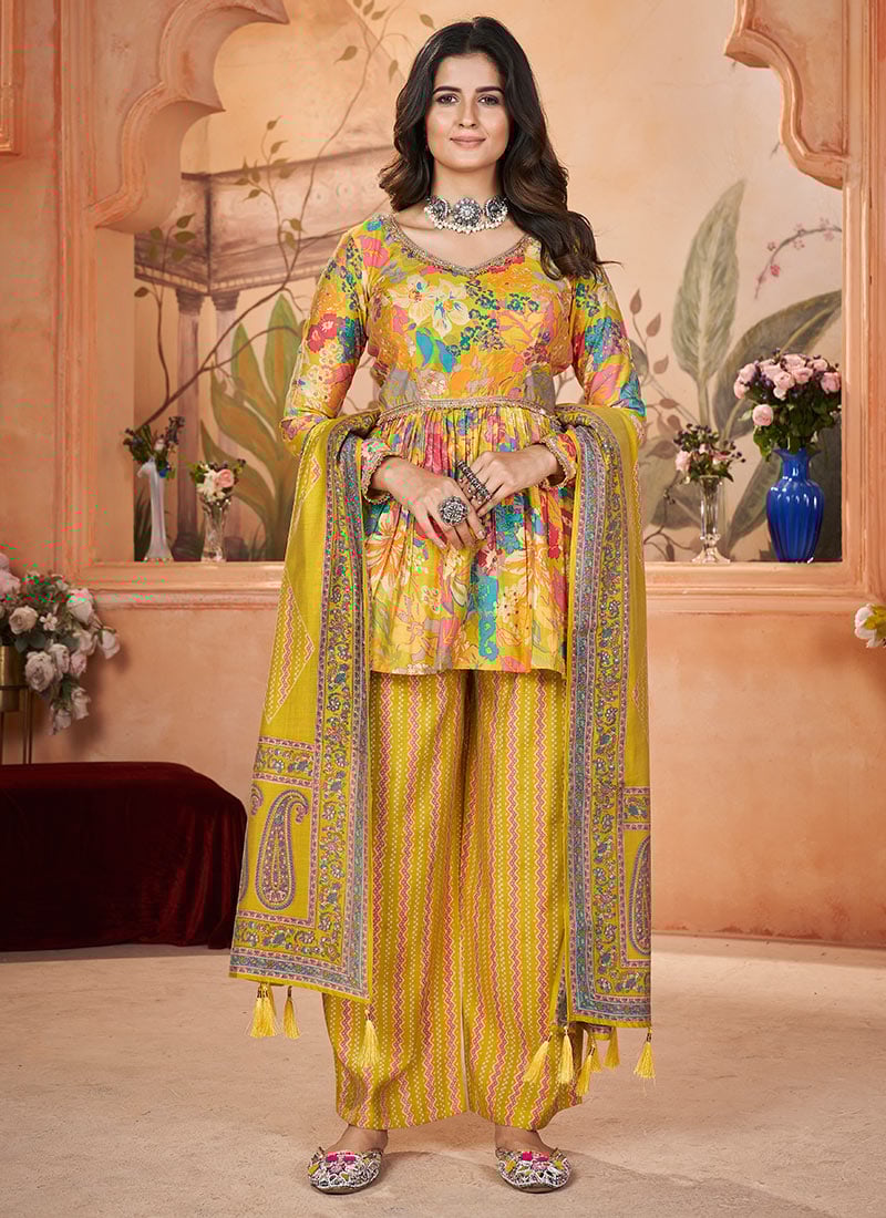 Yellow Silk Digital Foil Print Palazzo Suit