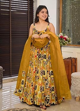 Yellow Silk Digital Print Anarkali Suit