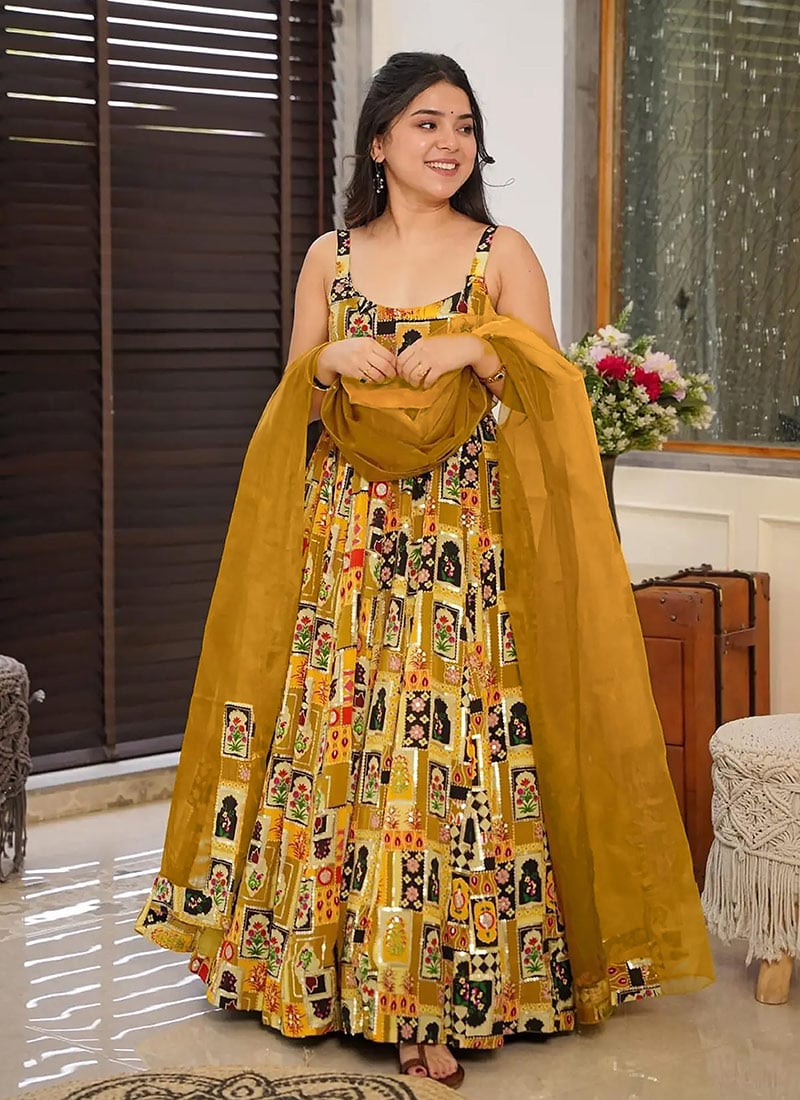 Yellow Silk Digital Print Anarkali Suit After Six Wear-SLSUFC10007