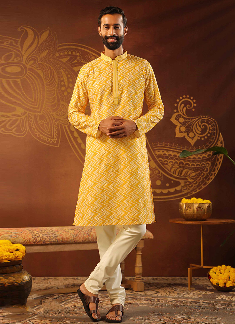 Yellow Silk Digital Print Embroidered Sequins Kurta Pyjama Festive Wear