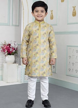 Yellow Silk Digital Print Kids Boys Kurta Pyjama