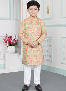 Yellow Silk Digital Print Kids Boys Kurta Pyjama