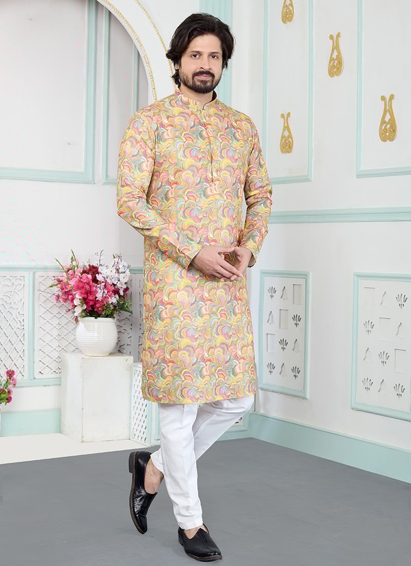 Yellow Silk Digital Print Kurta Pyjama Festive Wear