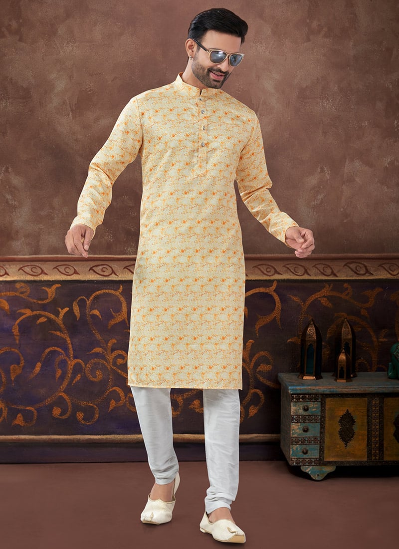 Yellow Silk Digital Print Kurta Pyjama