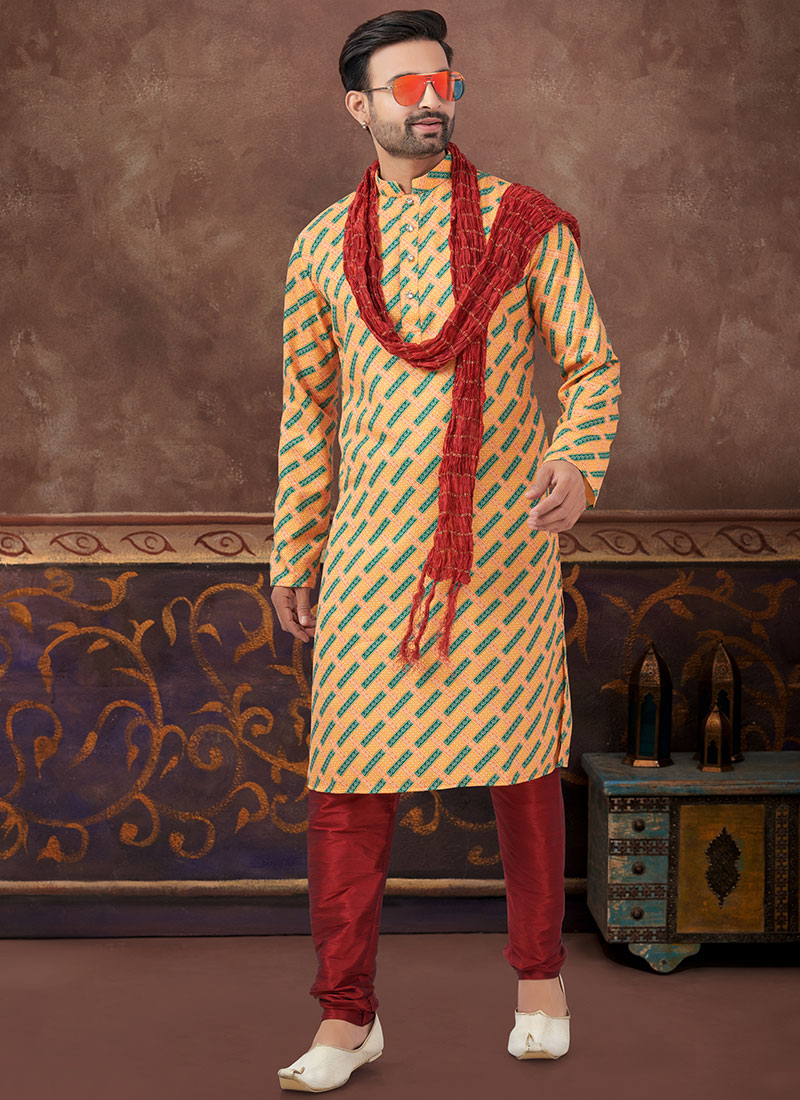 Yellow Silk Digital Print Kurta Pyjama Festive Wear