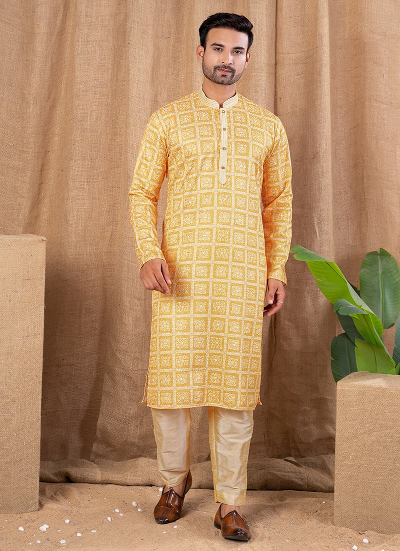 Yellow Silk Digital Print Kurta Pyjama