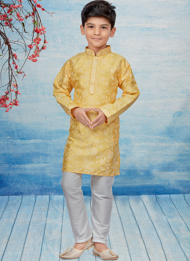 Yellow Silk Dupion Printed Kids Kurta Pyjama Party Wear